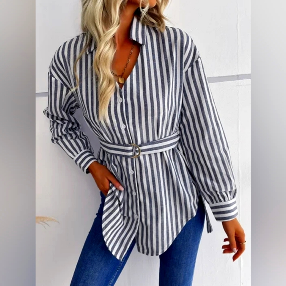 NWT belted blue and white striped button up blouse -S, M, L